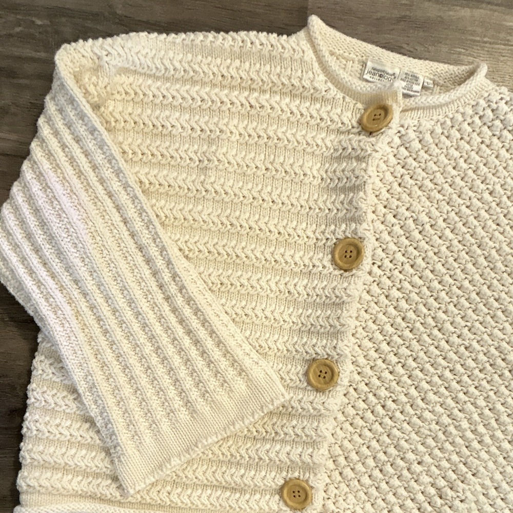 Newport News Jeanology Ivory Chunky Knit Wood Button Cardigan Sweater Large